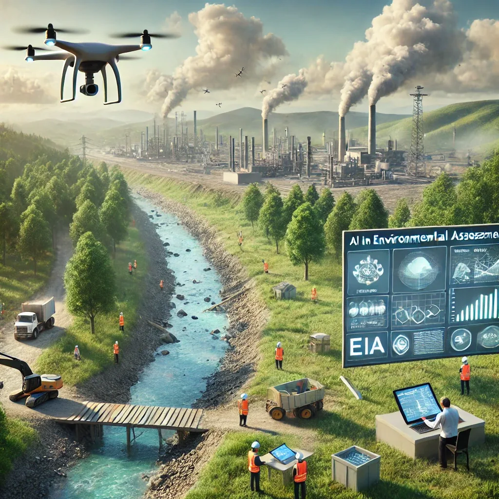 Concept illustration of AI-driven environmental impact assessment: a survey drone flies over a river valley while field teams with tablets monitor an industrial site