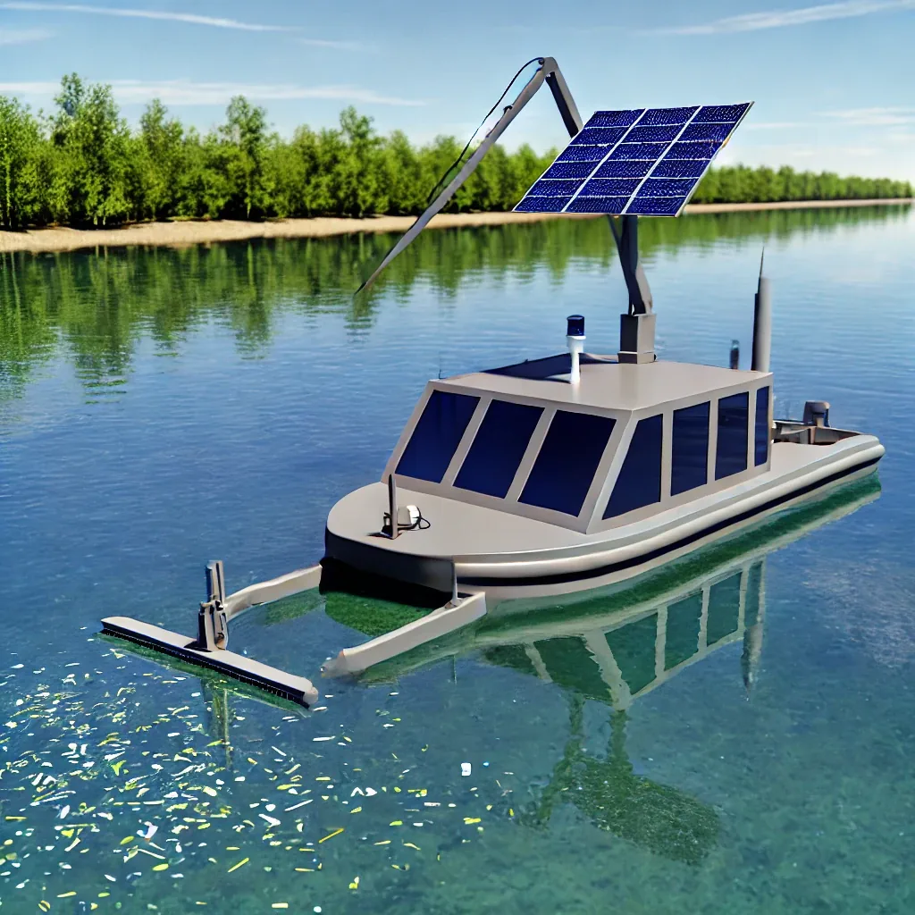 Solar-powered Aqua Skimmer — an autonomous water-cleaning boat with front skimming arms collecting debris on a lake