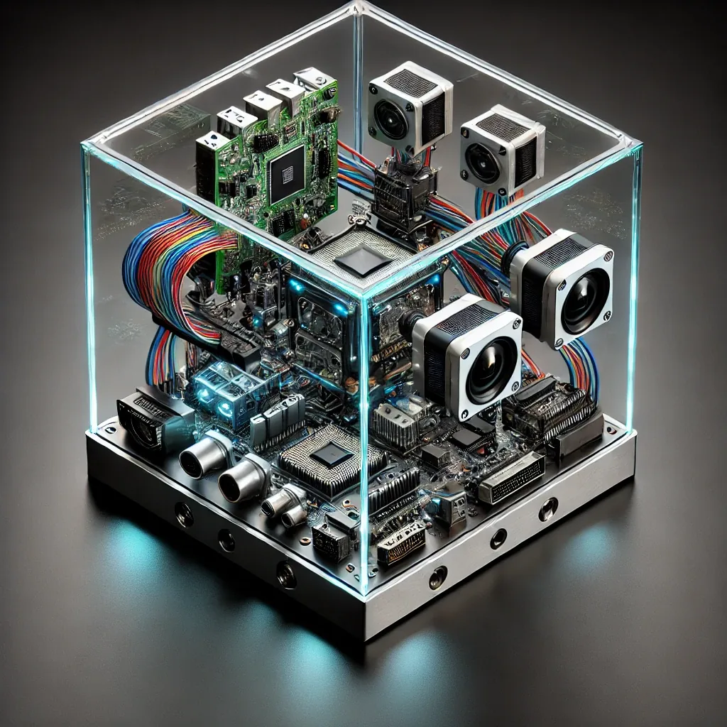 Transparent AI vision compute module for the navigation drone, with multiple cameras and circuit boards in a clear enclosure