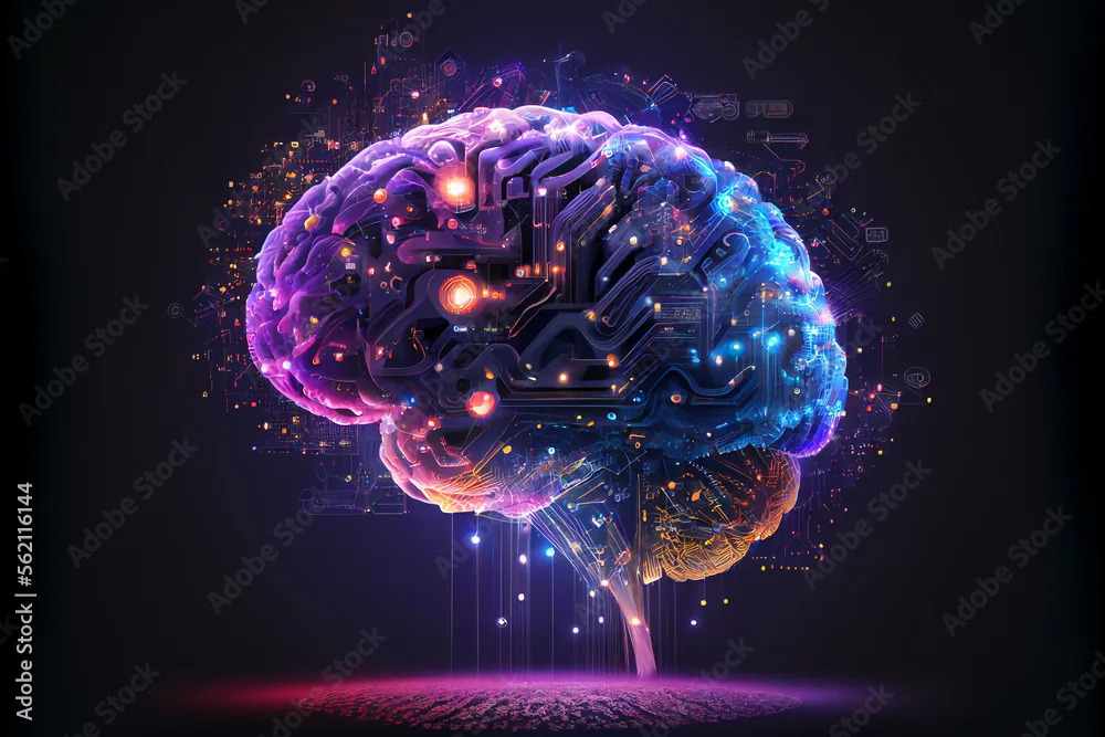 Illustration of a human brain rendered as glowing circuit boards, representing artificial intelligence