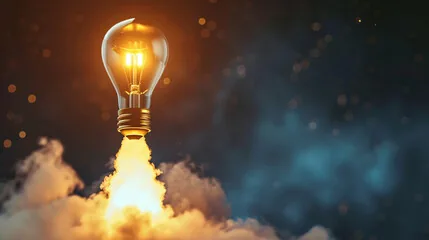 Lightbulb launching upward on a plume of smoke like a rocket, symbolizing innovation