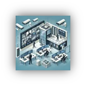 Isometric illustration of a secure operations office with surveillance cameras and monitoring workstations