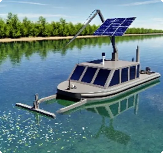 Solar-powered Aqua Skimmer autonomous cleaning boat on a lake, front skimmer arms gathering floating debris