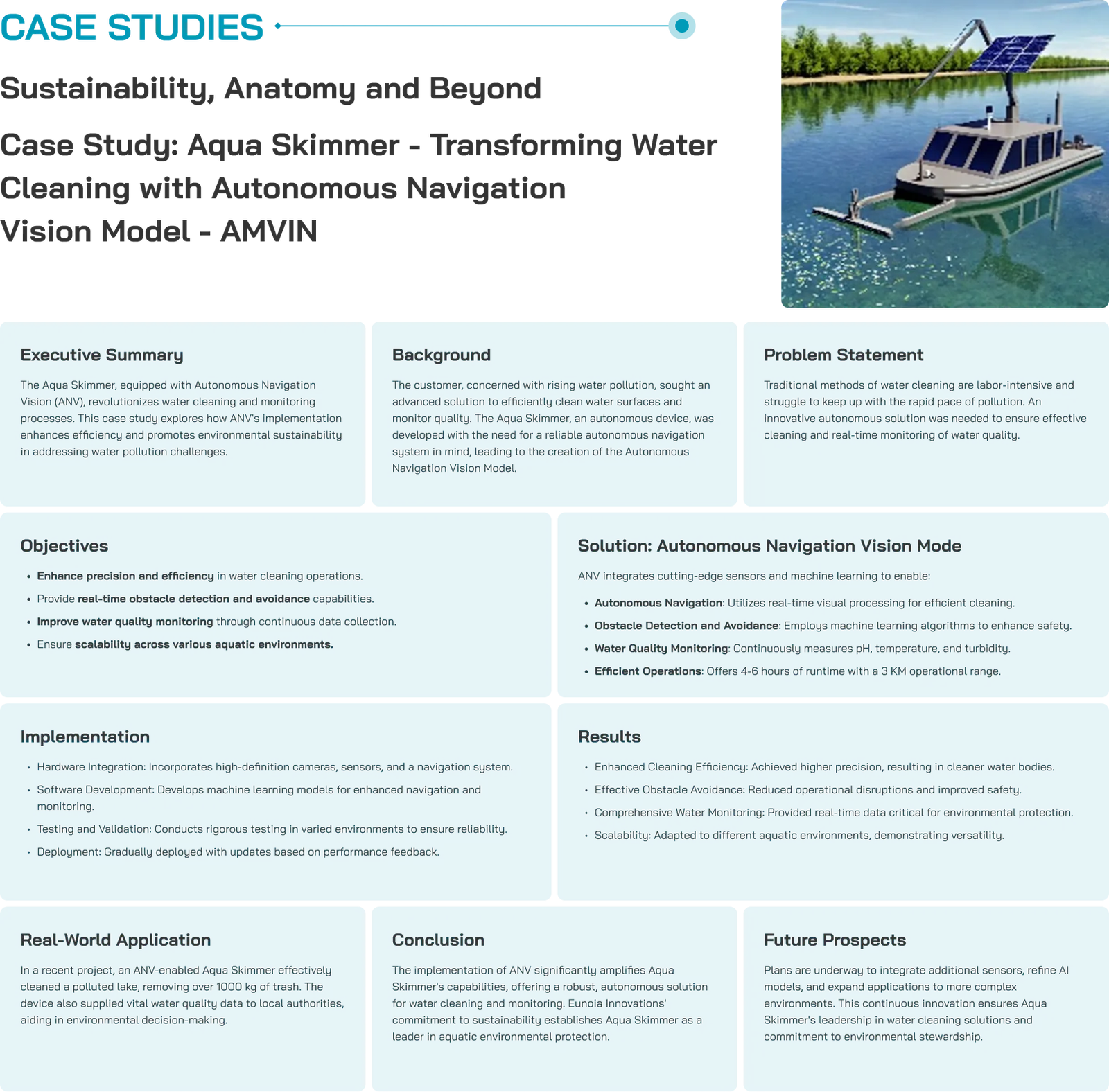 Aqua Skimmer case study overview: autonomous navigation vision model for water cleaning, with executive summary, objectives, solution, implementation, and results