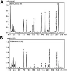 Chromatography traces from pharmaceutical drug-quality analysis, comparing detected compound peaks at two wavelengths