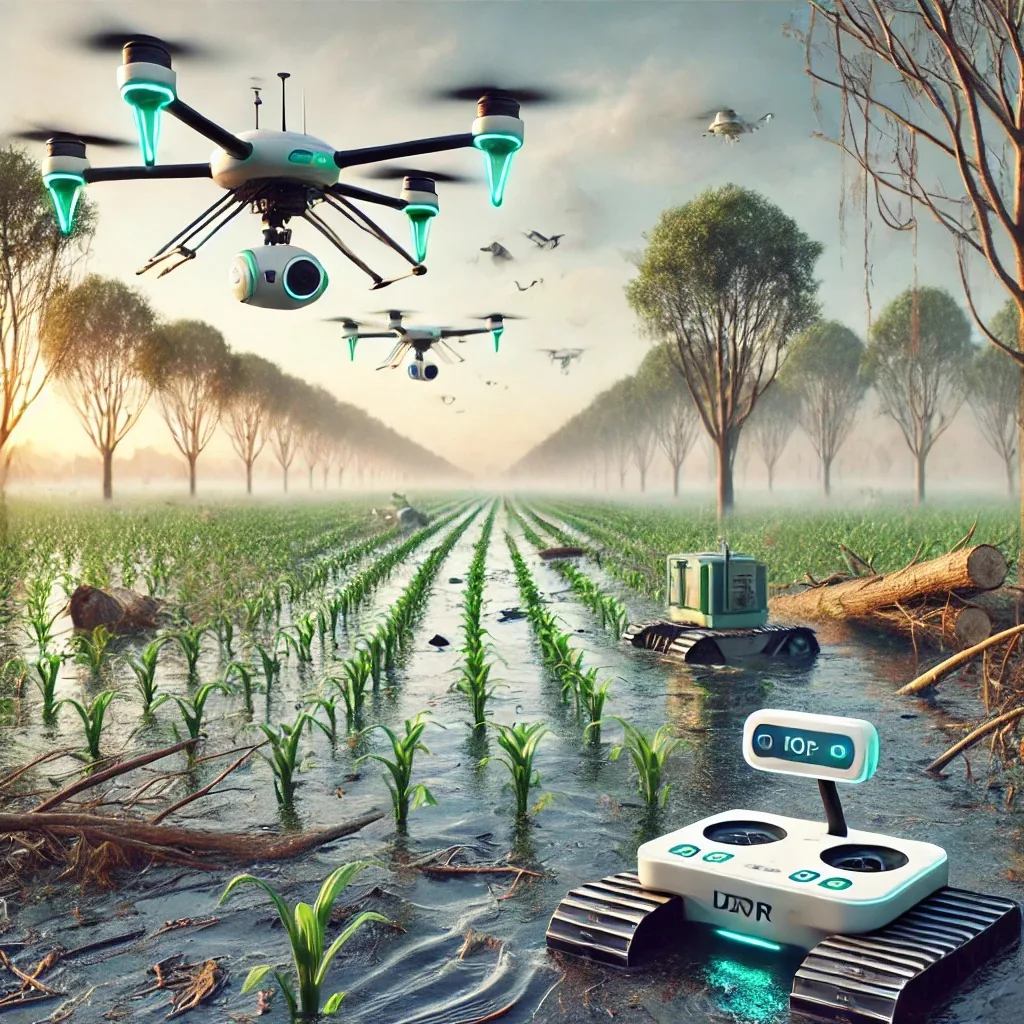 Concept scene of disaster response: drones and a ground rover surveying a flooded, storm-damaged field