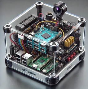 Compute core of the drone module: stacked processor boards, camera, and wiring in a clear enclosure