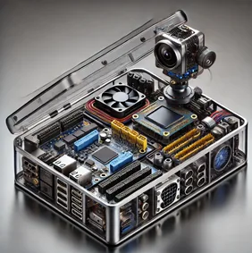 AI compute module of the unmanned ground vehicle with mast-mounted camera, cooling fan, and interface ports