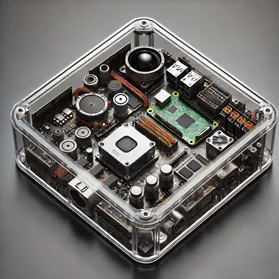 Compute module of the warehouse robot: processor boards, speaker, and power electronics in a clear enclosure