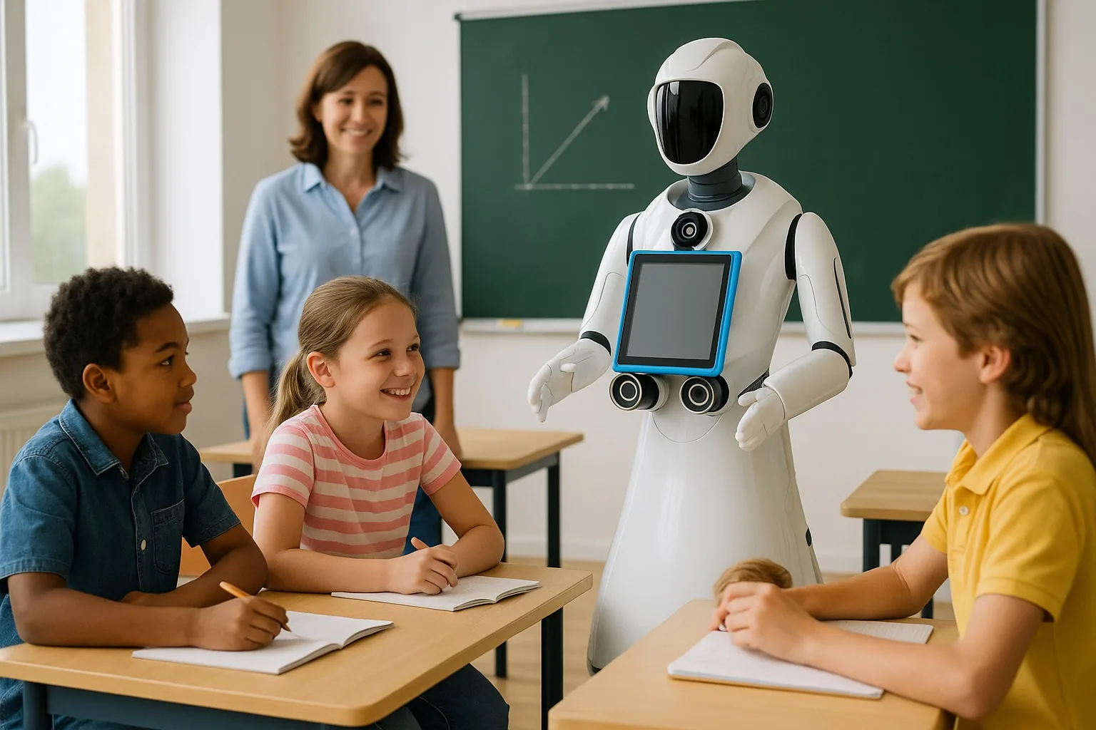 Humanoid school robot with a chest tablet teaching a small group of children in a classroom
