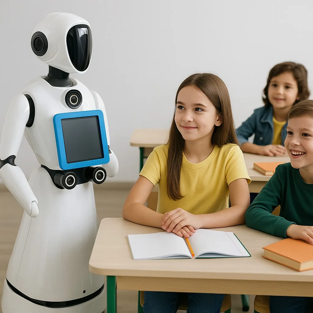 Interactive humanoid school robot assisting students in class