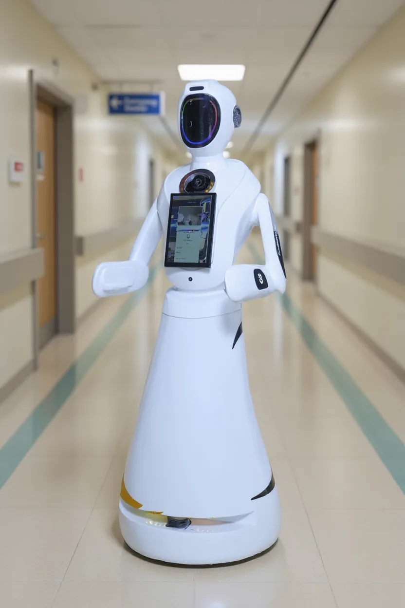 AURRA humanoid robot with a chest touchscreen gliding through a hospital corridor