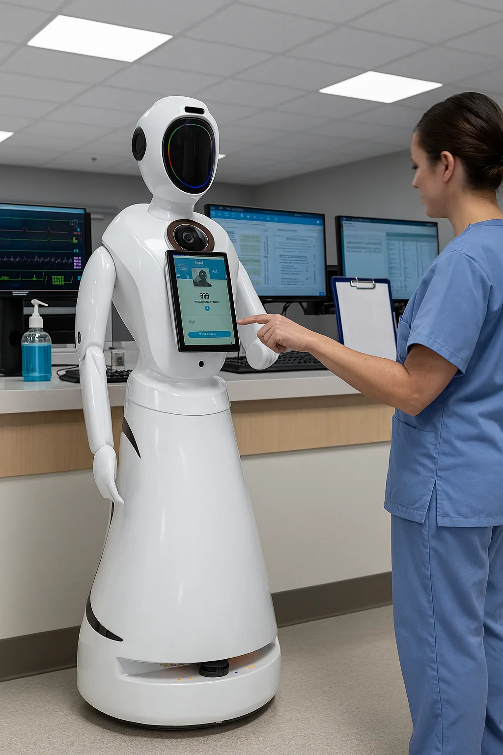 AURRA humanoid robot working alongside nursing staff in a hospital
