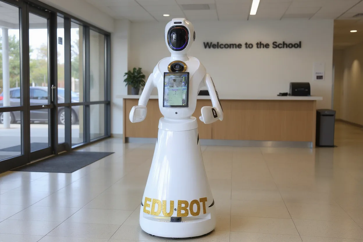 AURRA EDUBOT humanoid robot greeting at a school front desk