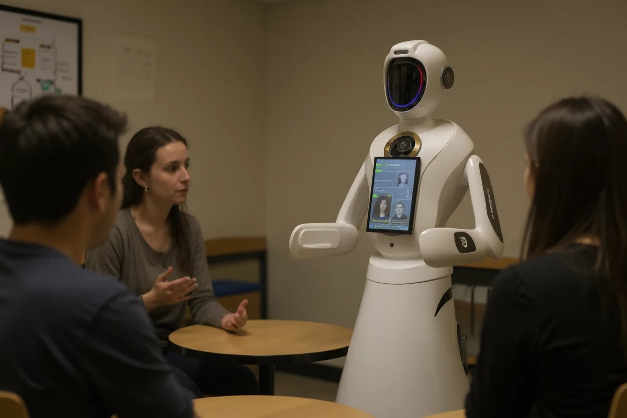AURRA office assistant robot in conversation with staff around a meeting table